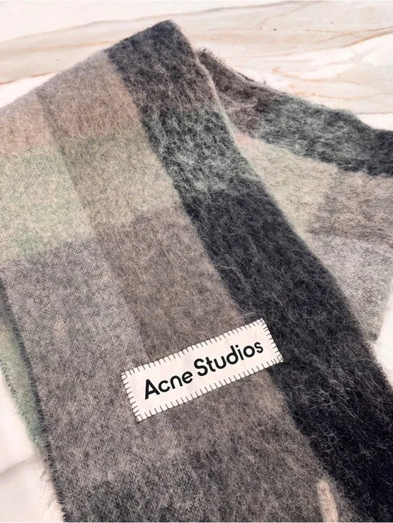 Acne Wool Blend Scarf in Gray, Charcoal and Mint Check - Picture 2 of 5